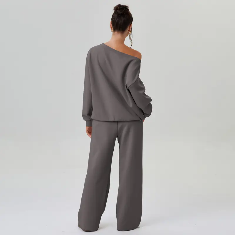 ✨ LAST DAY SALE 50% OFF ✨ Women's casual outfit with solid color slanted shoulder long-sleeved blouse & wide-leg trousers