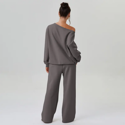 ✨ LAST DAY SALE 50% OFF ✨ Women's casual outfit with solid color slanted shoulder long-sleeved blouse & wide-leg trousers