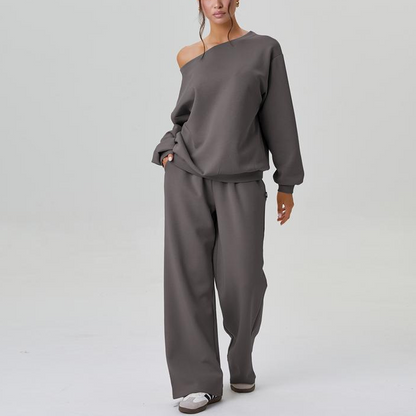 ✨ LAST DAY SALE 50% OFF ✨ Women's casual outfit with solid color slanted shoulder long-sleeved blouse & wide-leg trousers