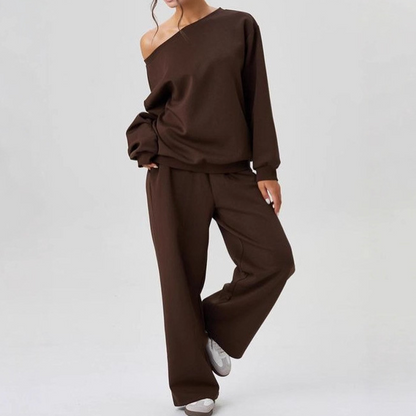 ✨ LAST DAY SALE 50% OFF ✨ Women's casual outfit with solid color slanted shoulder long-sleeved blouse & wide-leg trousers