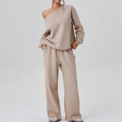 ✨ LAST DAY SALE 50% OFF ✨ Women's casual outfit with solid color slanted shoulder long-sleeved blouse & wide-leg trousers