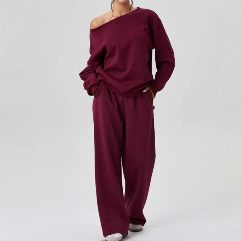 ✨ LAST DAY SALE 50% OFF ✨ Women's casual outfit with solid color slanted shoulder long-sleeved blouse & wide-leg trousers
