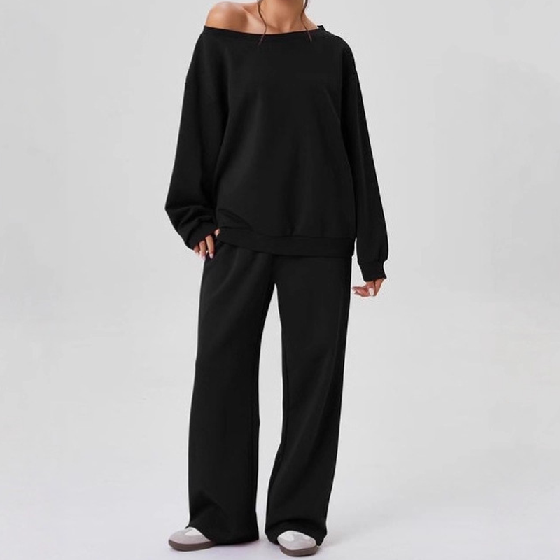 ✨ LAST DAY SALE 50% OFF ✨ Women's casual outfit with solid color slanted shoulder long-sleeved blouse & wide-leg trousers