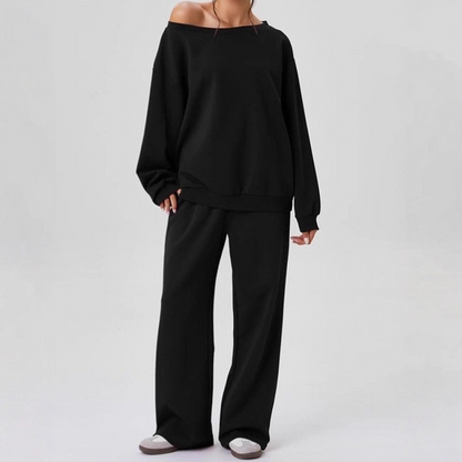 ✨ LAST DAY SALE 50% OFF ✨ Women's casual outfit with solid color slanted shoulder long-sleeved blouse & wide-leg trousers