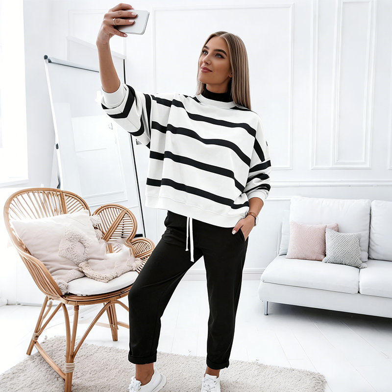 Last Day Sale💕Women's Stripe Drop Shoulder Pullover and Jogger Pants Set✨