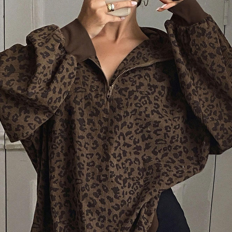 Women's Leopard Print Half Zip-Up Sweatshirt