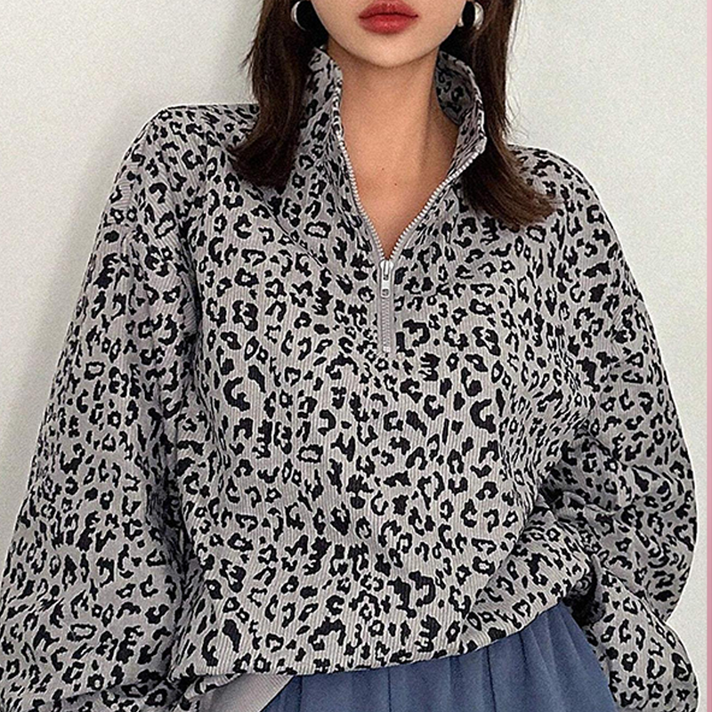 Women's Leopard Print Half Zip-Up Sweatshirt