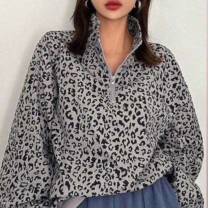 Women's Leopard Print Half Zip-Up Sweatshirt