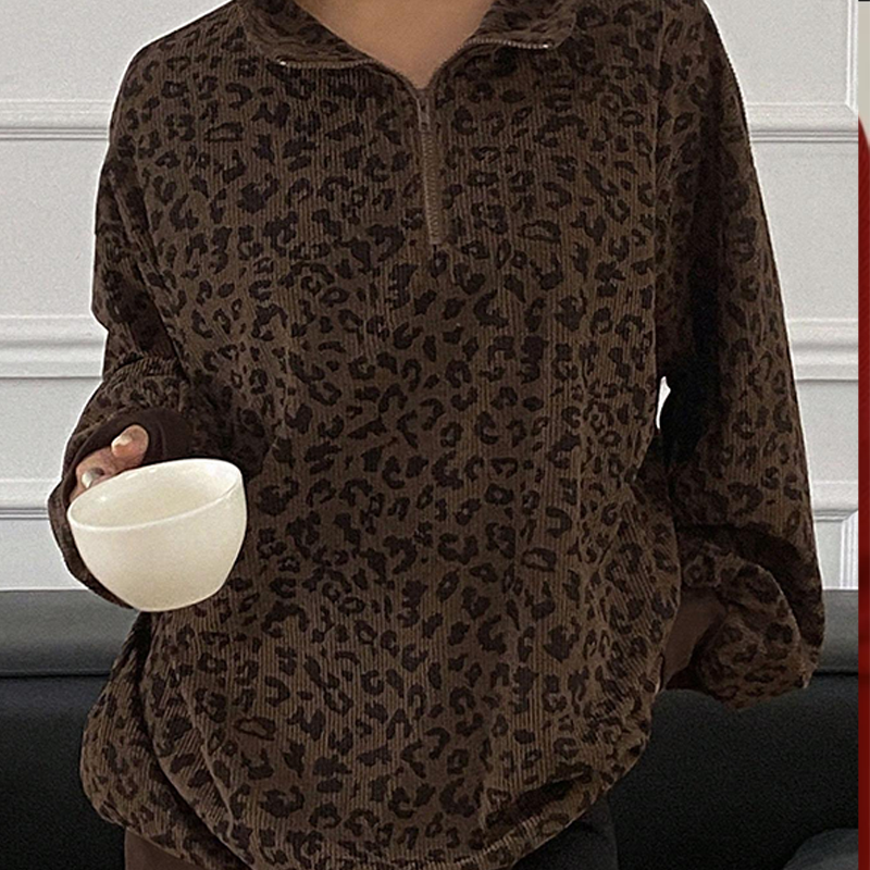 Women's Leopard Print Half Zip-Up Sweatshirt