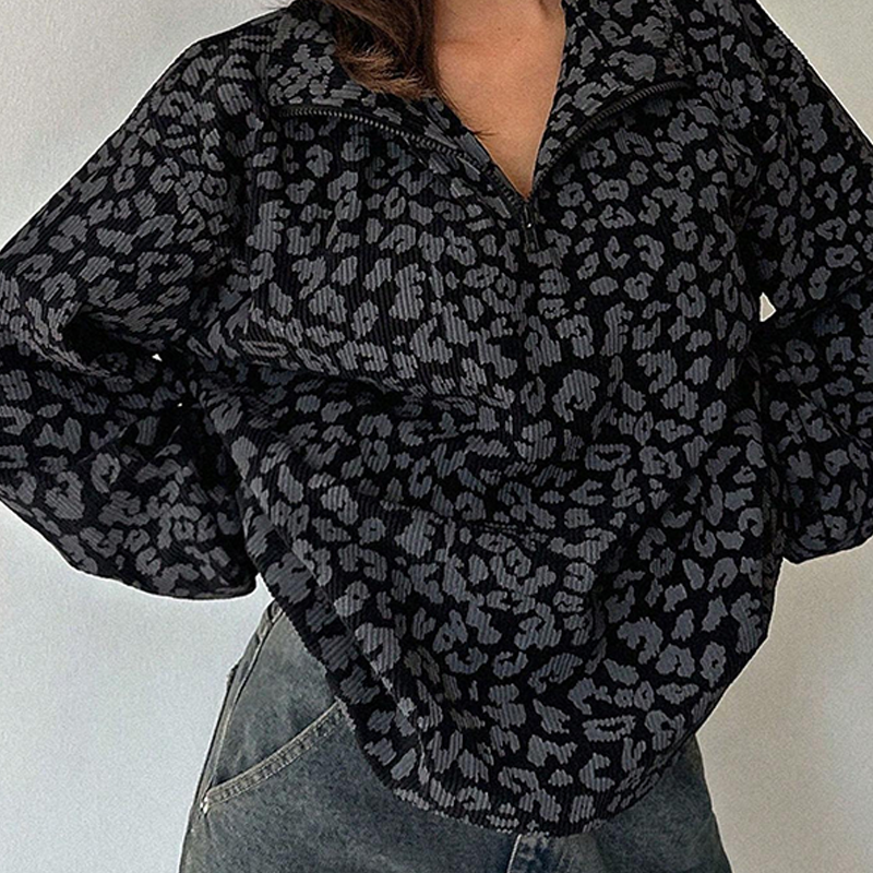 Women's Leopard Print Half Zip-Up Sweatshirt