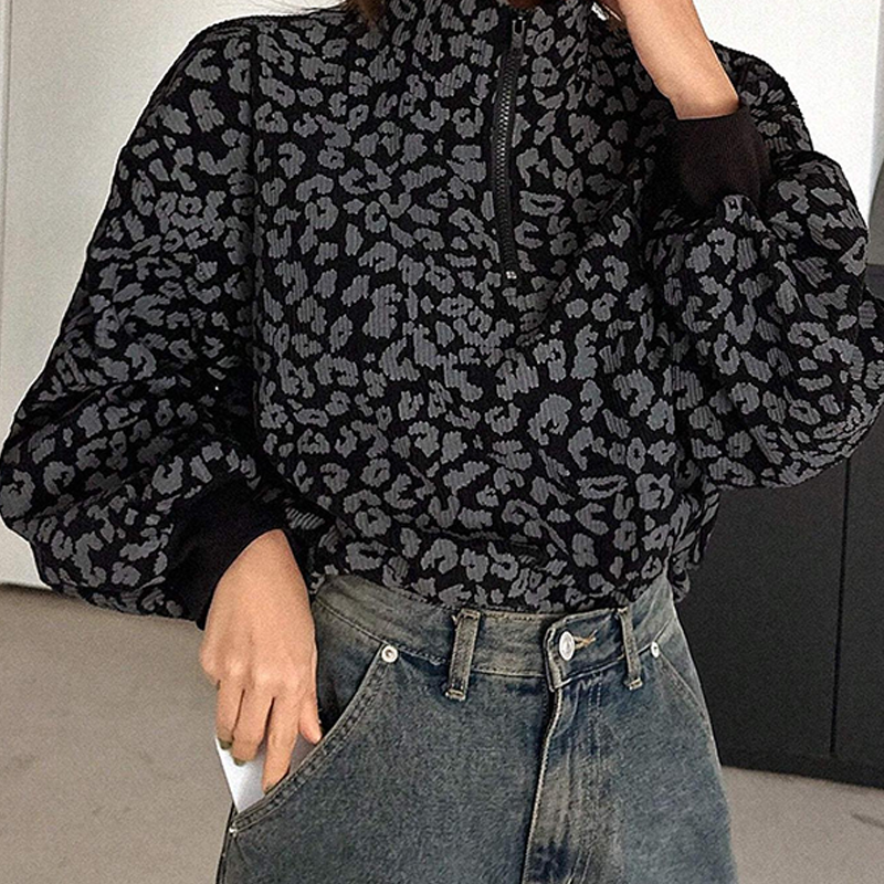 Women's Leopard Print Half Zip-Up Sweatshirt
