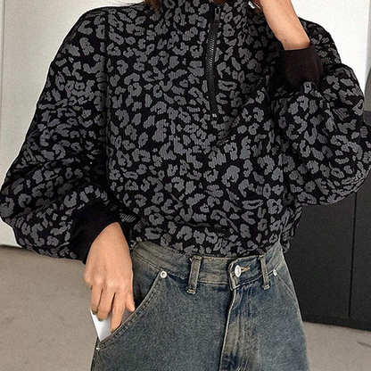 Women's Leopard Print Half Zip-Up Sweatshirt