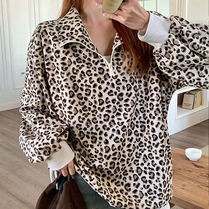 Women's Leopard Print Half Zip-Up Sweatshirt