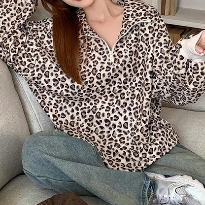 Women's Leopard Print Half Zip-Up Sweatshirt