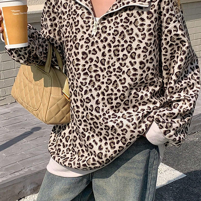 Women's Leopard Print Half Zip-Up Sweatshirt