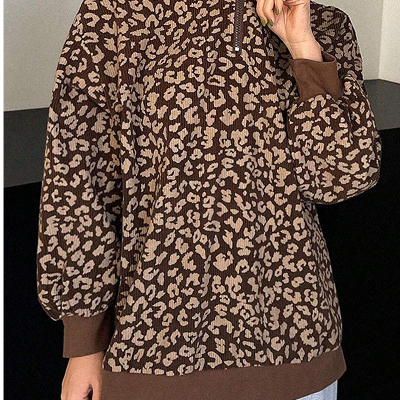 Women's Leopard Print Half Zip-Up Sweatshirt
