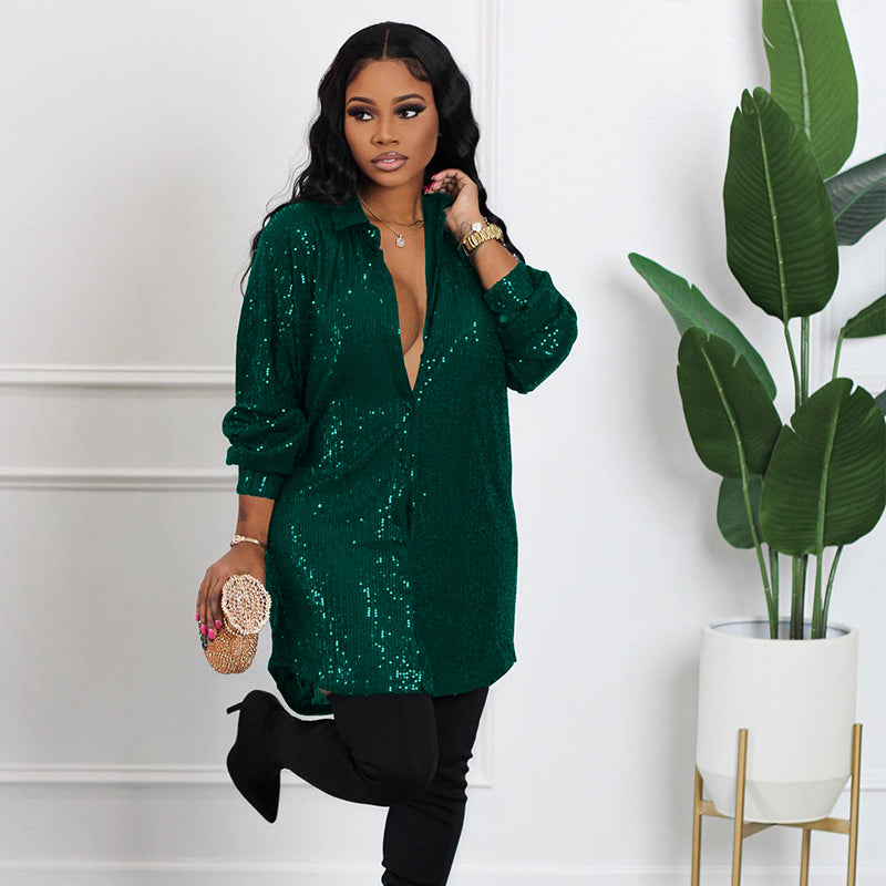 📢📢50% OFF !!!⏰Women's Shiny Sequins Mid-Length Shirt