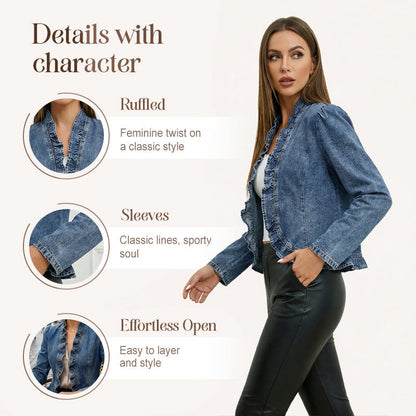 🧥 LIMITED-TIME 50% OFF! ✨ Women's Denim Jacket – Open-Front, Ruffle Trim, Lightweight, Classic Wash ✨