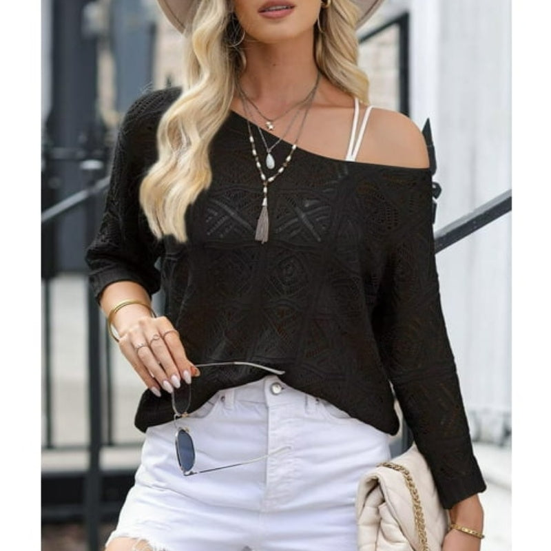 🎁New arrival 50% OFF💥Women's Summer Crochet Openwork 3/4 Sleeve Pullover Knit Top