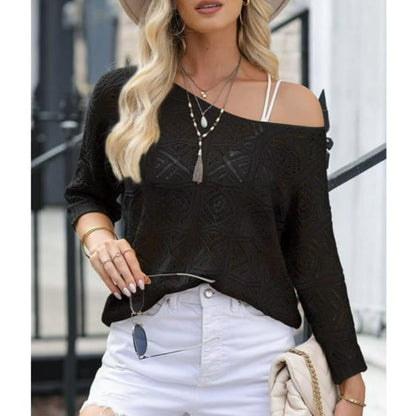 🎁New arrival 50% OFF💥Women's Summer Crochet Openwork 3/4 Sleeve Pullover Knit Top