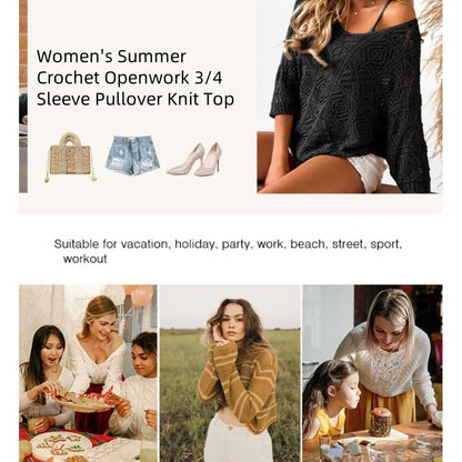 🎁New arrival 50% OFF💥Women's Summer Crochet Openwork 3/4 Sleeve Pullover Knit Top