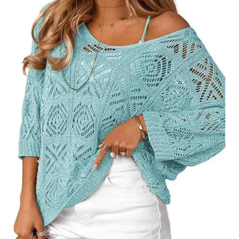 🎁New arrival 50% OFF💥Women's Summer Crochet Openwork 3/4 Sleeve Pullover Knit Top