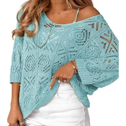 🎁New arrival 50% OFF💥Women's Summer Crochet Openwork 3/4 Sleeve Pullover Knit Top