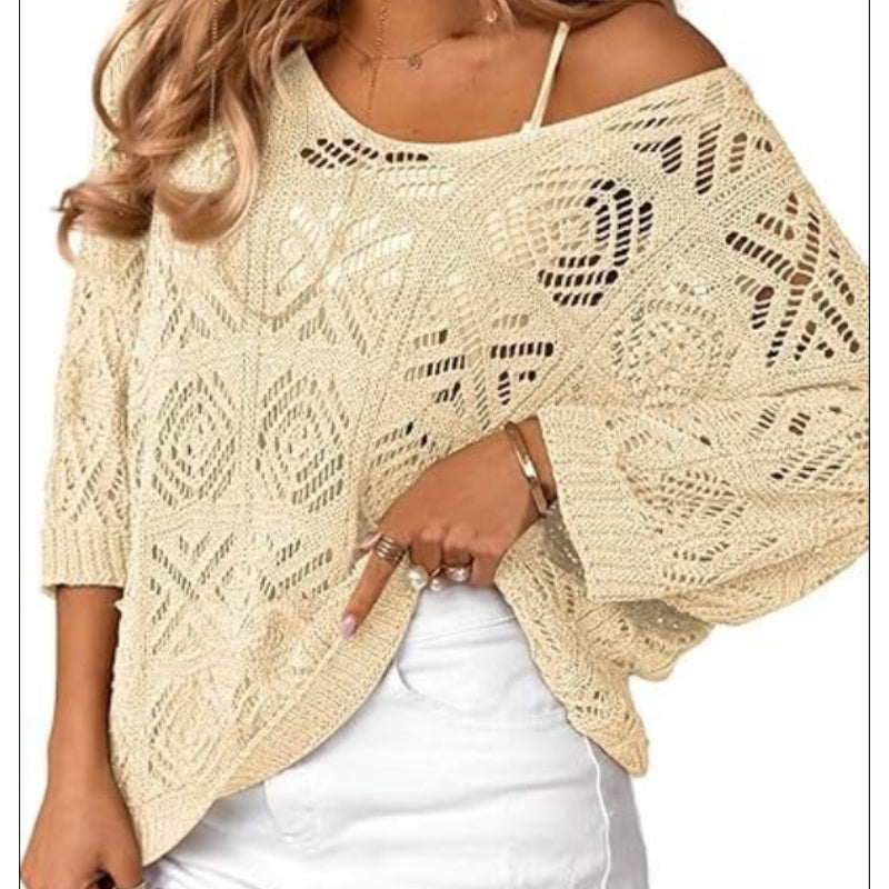 🎁New arrival 50% OFF💥Women's Summer Crochet Openwork 3/4 Sleeve Pullover Knit Top