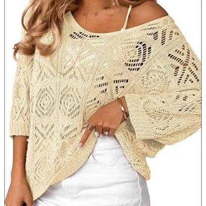 🎁New arrival 50% OFF💥Women's Summer Crochet Openwork 3/4 Sleeve Pullover Knit Top