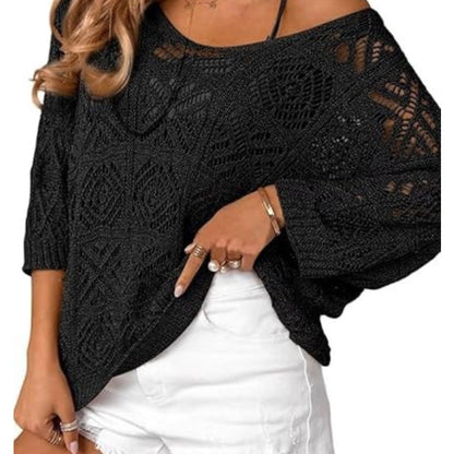 🎁New arrival 50% OFF💥Women's Summer Crochet Openwork 3/4 Sleeve Pullover Knit Top