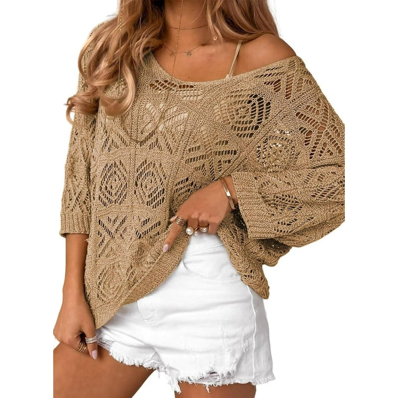 🎁New arrival 50% OFF💥Women's Summer Crochet Openwork 3/4 Sleeve Pullover Knit Top