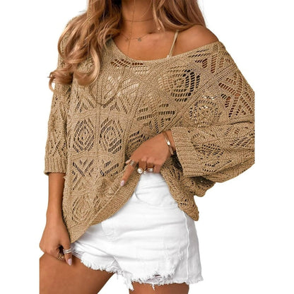 🎁New arrival 50% OFF💥Women's Summer Crochet Openwork 3/4 Sleeve Pullover Knit Top