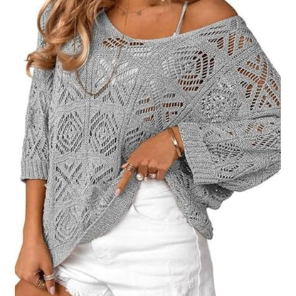 🎁New arrival 50% OFF💥Women's Summer Crochet Openwork 3/4 Sleeve Pullover Knit Top