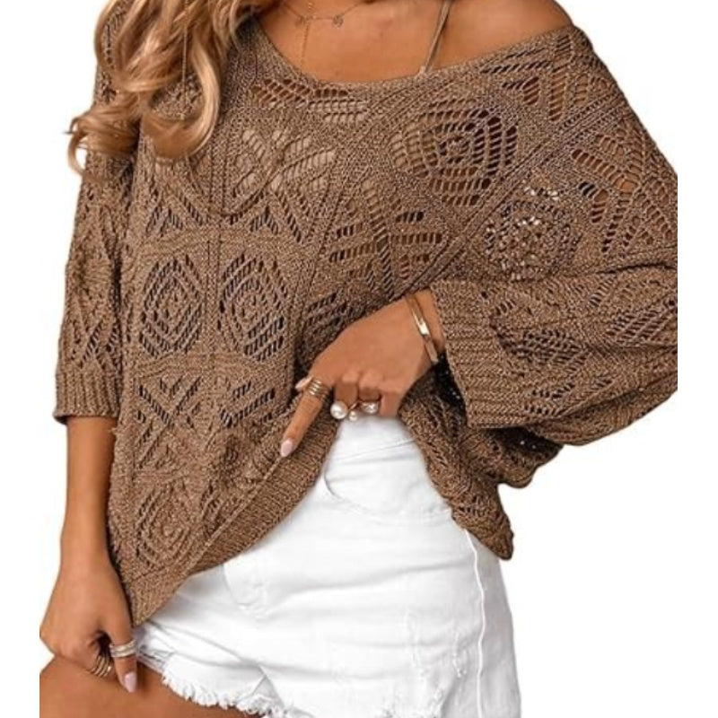 🎁New arrival 50% OFF💥Women's Summer Crochet Openwork 3/4 Sleeve Pullover Knit Top