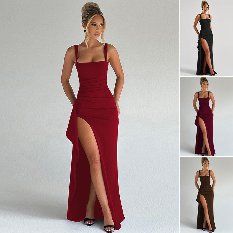 Square-Neck Sleeveless Bodycon Dress with High Side Slit