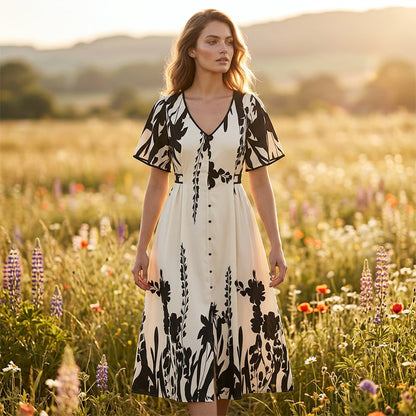 👗 50% OFF NOW! 🌿 Soft Botanical Print V-Neck Midi Dress – Elegant, Lightweight & Versatile for Any Occasion 🌸