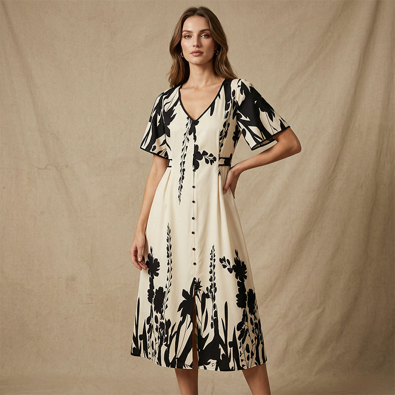 👗 50% OFF NOW! 🌿 Soft Botanical Print V-Neck Midi Dress – Elegant, Lightweight & Versatile for Any Occasion 🌸