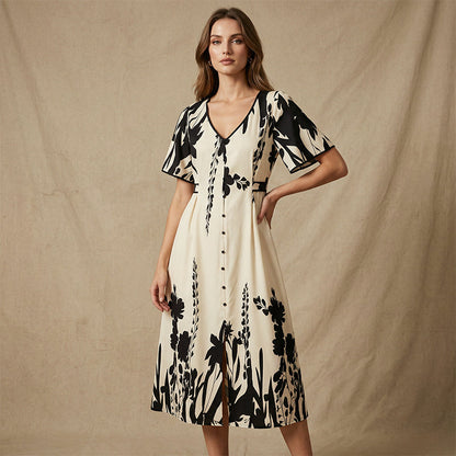 👗 50% OFF NOW! 🌿 Soft Botanical Print V-Neck Midi Dress – Elegant, Lightweight & Versatile for Any Occasion 🌸