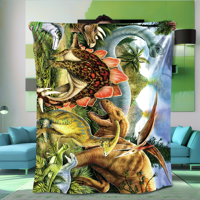 Vibrant Dinosaur Print Flannel Throw Blanket