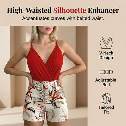 📢📢60% OFF !! ⏰ V-Neck & High-Waist Shorts Set – Tropical Print, 2-Piece Vacation Outfit 🌴