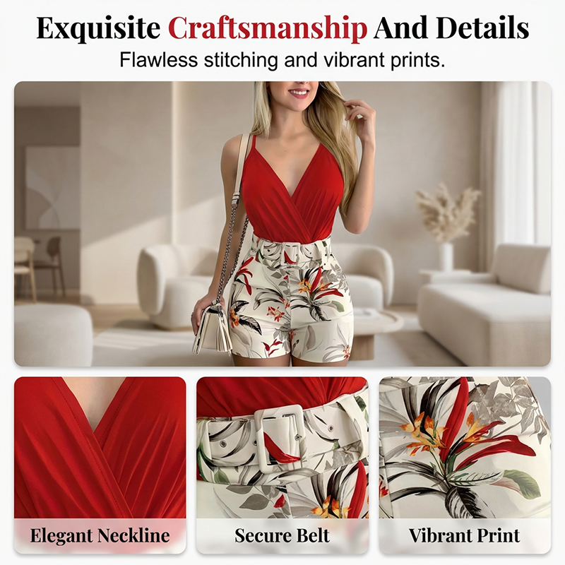 📢📢60% OFF !! ⏰ V-Neck & High-Waist Shorts Set – Tropical Print, 2-Piece Vacation Outfit 🌴