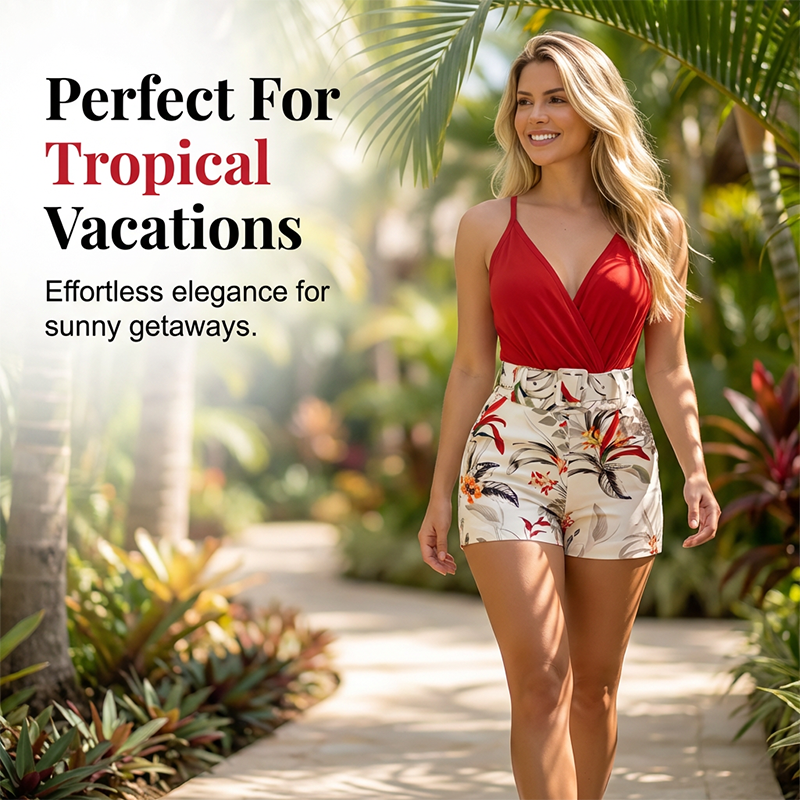 📢📢60% OFF !! ⏰ V-Neck & High-Waist Shorts Set – Tropical Print, 2-Piece Vacation Outfit 🌴