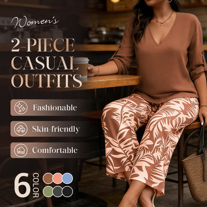 🔥LAST DAY 49% OFF ☀️🛍️Women's V-Neck Blouse & Printed Wide-Leg Pants Set