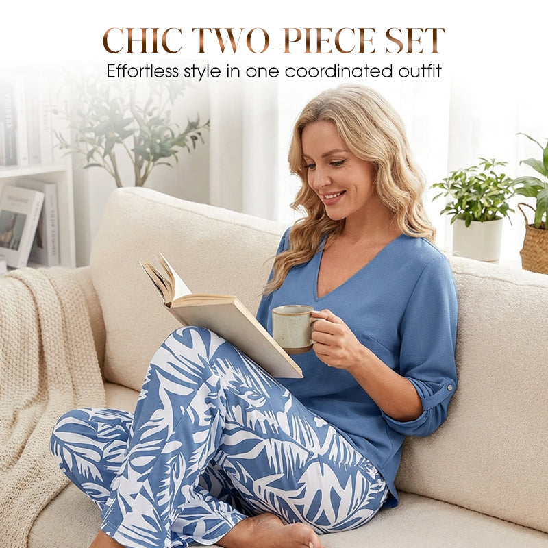 🔥LAST DAY 49% OFF ☀️🛍️Women's V-Neck Blouse & Printed Wide-Leg Pants Set