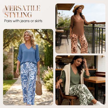 🔥LAST DAY 49% OFF ☀️🛍️Women's V-Neck Blouse & Printed Wide-Leg Pants Set