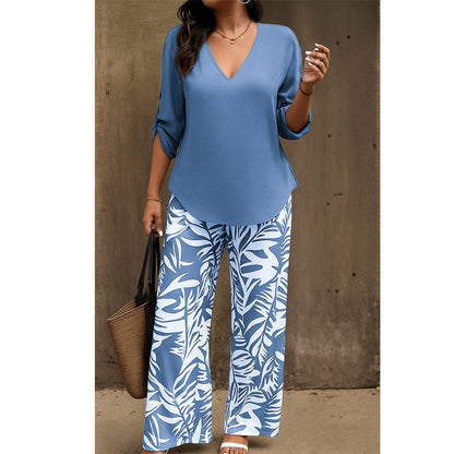 🔥LAST DAY 49% OFF ☀️🛍️Women's V-Neck Blouse & Printed Wide-Leg Pants Set