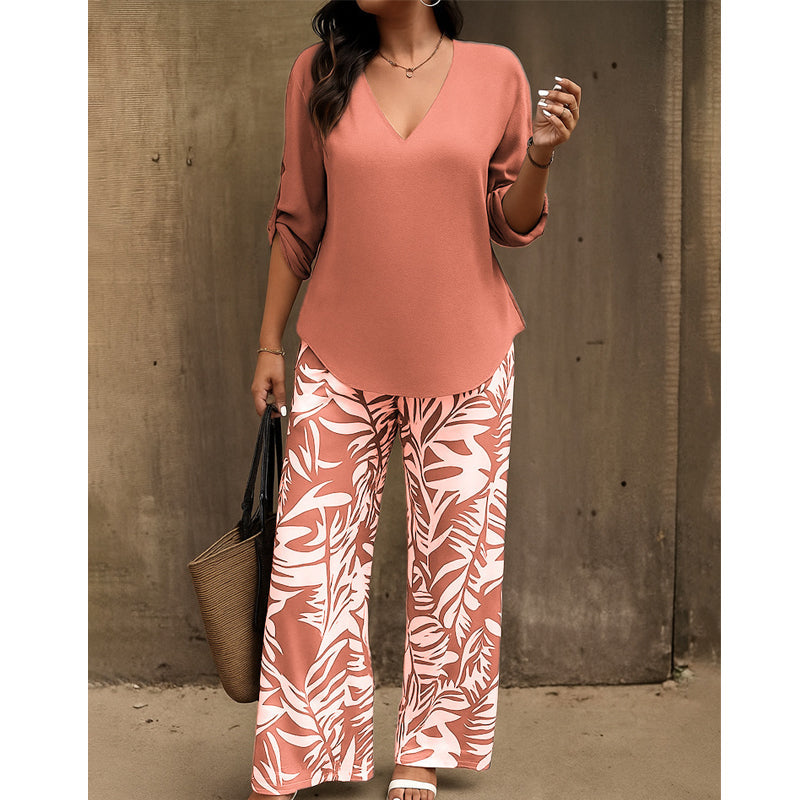 🔥LAST DAY 49% OFF ☀️🛍️Women's V-Neck Blouse & Printed Wide-Leg Pants Set