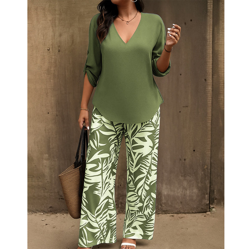 🔥LAST DAY 49% OFF ☀️🛍️Women's V-Neck Blouse & Printed Wide-Leg Pants Set