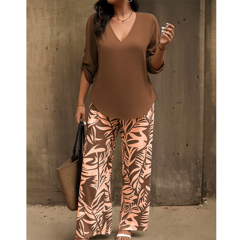 🔥LAST DAY 49% OFF ☀️🛍️Women's V-Neck Blouse & Printed Wide-Leg Pants Set