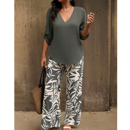 🔥LAST DAY 49% OFF ☀️🛍️Women's V-Neck Blouse & Printed Wide-Leg Pants Set